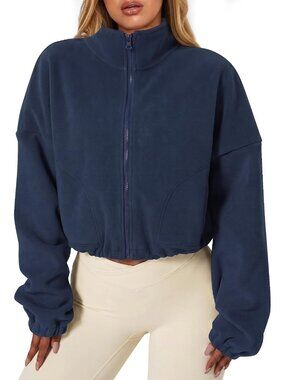 Women's Navy Blue Full ZIP Sherpa Coat Stand Collar Warm Cropped Fleece Jacket